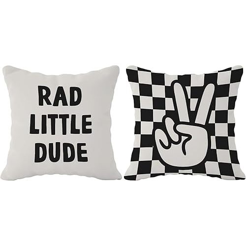 Checkered Pillow Cover, Rad Little Dude Preppy Retro Black Peace Hand Sign Decorative Throw Pillow Covers,Trendy Preppy Pillow Cases Cushion for Home Boy Teen Room Dorm, 18×18 Inch Set of 2