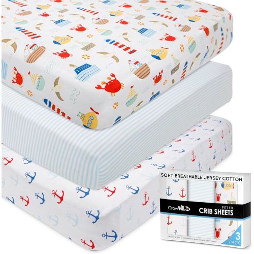 GROW WILD Nautical & Ships Baby Crib Sheets for Boys (3 Pack) - Jersey Knit Fitted Sheet (52" x 28"), Toddler Bedding Set & Baby Boy Crib Bedding Set, Anchors and Ships with Stripes