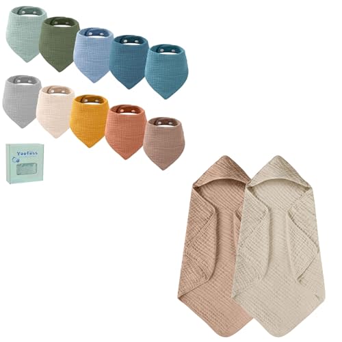 Yoofoss Muslin Hooded Baby Towels & Muslin Baby Bibs 10 Pack