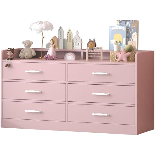 Bigbiglife Kids Dresser with 6 Deep Drawers, Nursery Dresser with Tabletop Rail, Baby Dresser for Bedroom, Wooden Storage Cabinet with Metal Handles for Toys/Clothes/Books, 15.8"D x 47.2"W x 25.2"H