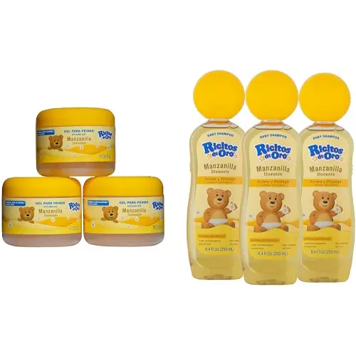 Ricitos de Oro Chamomile 3-Pack Hair Gel with 4.05 Oz Jars and Baby Shampoo 3 Pack with 8.4 FL Oz Bottles