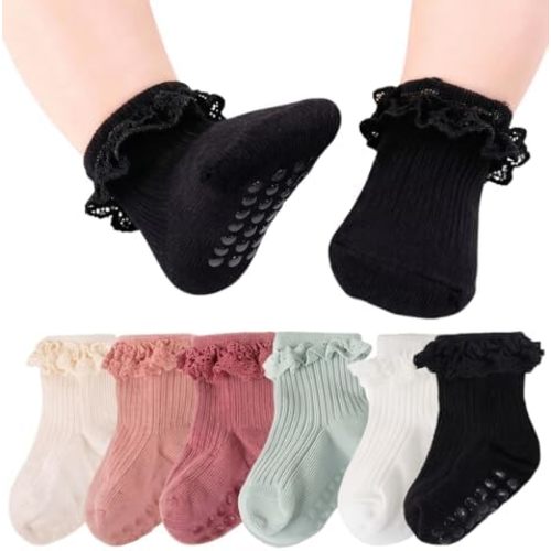 Baby Girl Anti Slip Grip Socks Cute Frilly Ruffle Ankle Socks Soft Breathable Cotton Non Skid Newborn Infants