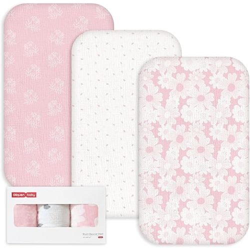 Gllquen Baby 3-Pack Muslin Cotton Bassinet Sheets, 33"x20" Fitted Crib Sheets for Bedside Sleeper & Travel Crib, Oeko-TEX Certified Soft Breathable Sheets, Easy On/Off (Bear's Dreamland)