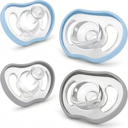 Nanobébé Active Baby Pacifiers (4-36 Months) – Ergonomic Vented Design for Airflow – Lightweight One-Piece Silicone Soother – 4-Pack, Sky & Cool Grey
