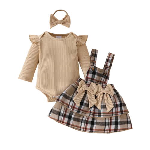 lnmuld Winter Outfits 2 Piece Stylish Girls Ribbed Romper with Plaid Bowknot Suspenders Outfit Set and Wear Solid Color Size:0-3 Months