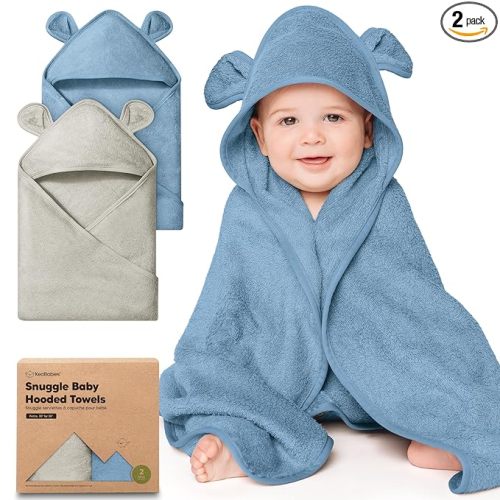 KeaBabies 2-Pack Hooded Baby Towels for Newborn - 30x30 Soft & Absorbent Viscose from Bamboo Baby Bath Towels with Hood for Infant, Toddler,Kids,Boys Girls,Newborn Bath Essentials (Steel, Petite)