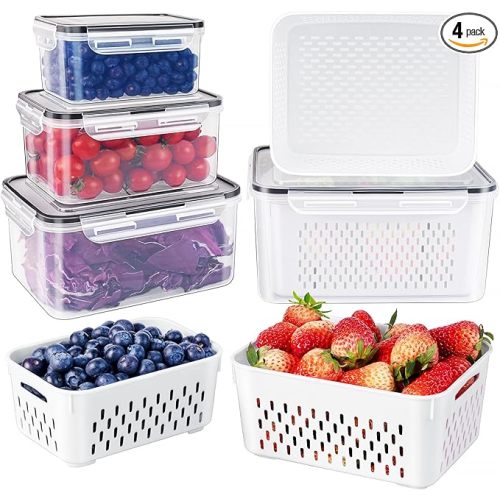 Fruit Storage Containers for Fridge with Removable Colander, Airtight Food Storage Container, Dishwasher Safe Produce Saver for Refrigerator, Keep Berry Fruit Fresh Longer 4 pcs Small Clear
