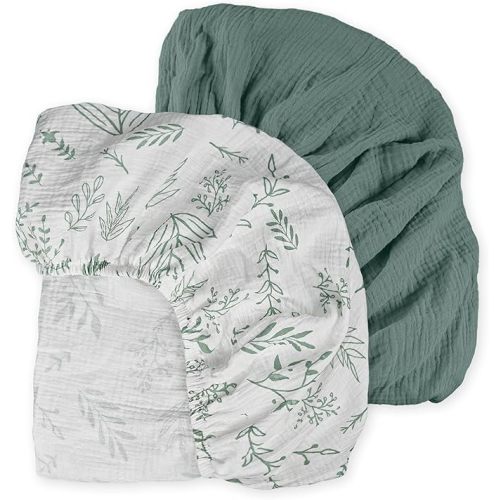 Muslin Pack N Play Sheets Fitted 2 Pack, Mini Crib Mattress Sheets Stretchy