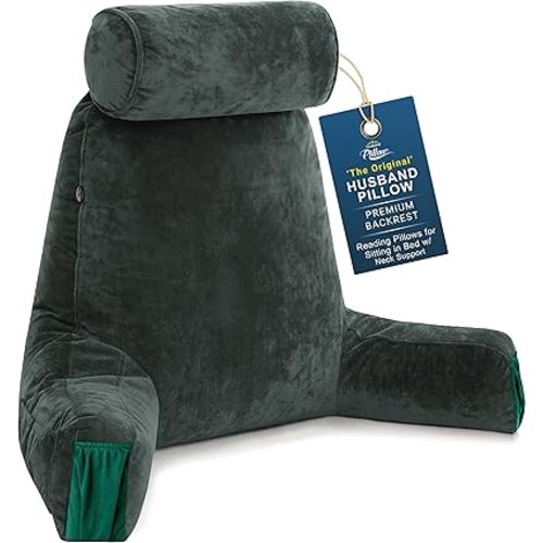 Husband Pillow Medium Reading Pillow with Arms - 23" Backrest for Sitting Up in Bed - Firm Support Bed Rest Pillow for Adults, Neck Roll, Removable Cover - TV, Reading, Lounging - Dark Green