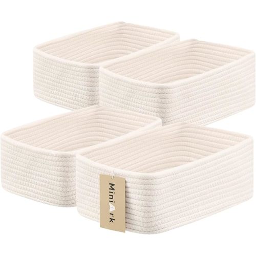 MiniArk Small Storage Baskets for Organizing | Closet Organizer Bins | Shelf Toy Basket | Woven Rope Baskets | Cube Decorative Box | Shallow Basket | 11.5x7.5x4.7” | 4 Packs Off White