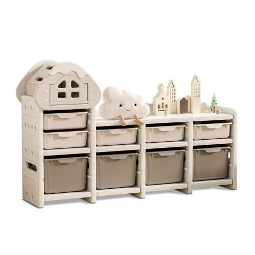 UNICOO® Kids Cream House Storage Organizer with 3-Tier Shelves, Storage Rack & Bins for Nursery, Playroom, Study Room (Cream & Brown)