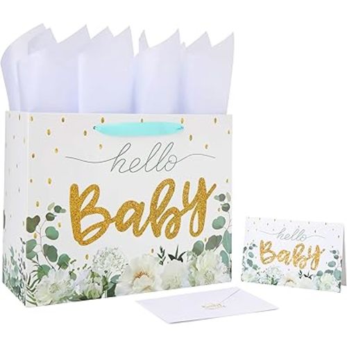 13" Large White Gift Bag Set with Greeting Card and Tissue Papers (Gold Glitter ‘Baby’) for Girls' Birthday Party, Women's Birthday Parties, Baby Shower, Baby Girl or Boy - 13”x5.2”x10.2”, 1 Pcs.