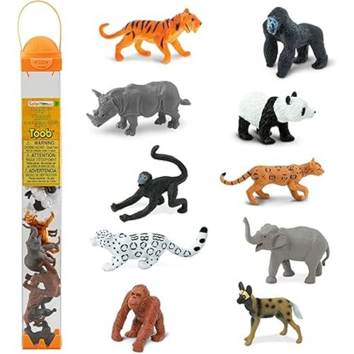 Safari Ltd. Endangered Species Toob - Figurines of Gorilla, Panda, Bengal Tiger, Orangutan, Rhino, Spider Monkey, Wild Dog, Elephant, Amur & Snow Leopard - Educational Toys for Boys, Girls & Kids 3+