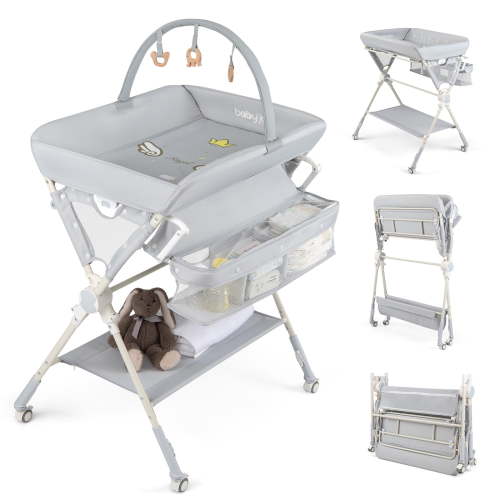 Babyjoy Baby Changing Table, Foldable Diaper Changing Station with Storage Bag & Shelf Gray