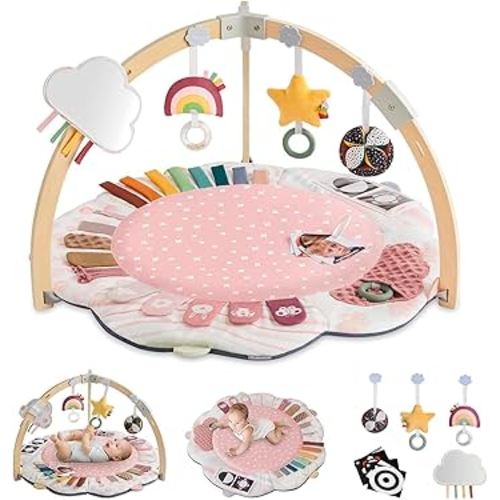 Blissful Diary Baby Play Gym & Activity Mat, 5 Developmental Zones Wooden Tummy Time Mat with 5 Detachable Sensory Toys for Motor Skills & Sensory Development, Baby Essentials Shower Gift, Pink Flower