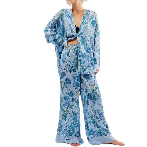 Fenghualzzniya Women Satin Pajama Set Floral Silk Pajamas 2 Piece Lounge Sets Button Down Shirts Wide Leg Pants Pjs Sleepwear