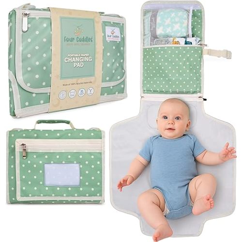Portable Diaper Changing Pad - Newborn Essentials, Waterproof, Extra Wide & Long, Padded Foldable Wipeable Mat, Travel Bag, Baby Registry Gift, Wipes Pocket, Eco-Friendly (Green)
