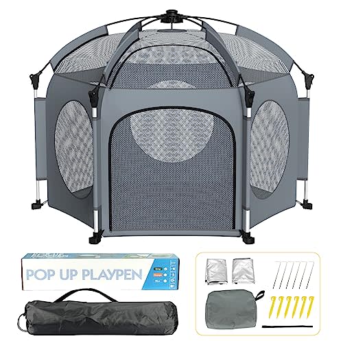 PRObebi Portable Pop Up Playpen for Babies and Toddlers - Grey Lightweight Outdoor Play Yard with Three Sun-Shade - Beach and Indoor Use with Travel Bag