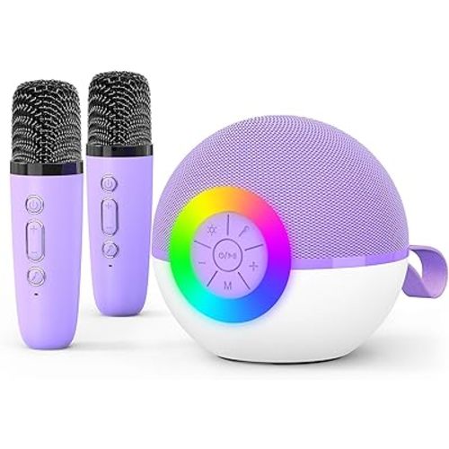 goopow Mini Karaoke Machine Speaker for Kids Adults, Portable Bluetooth Microphone Song Toys with LED Light, Best Chritmas Birthday Festival Gift for 3 4 5 6 7 8+ Year Old Girls Boys (Purple-2MIC)
