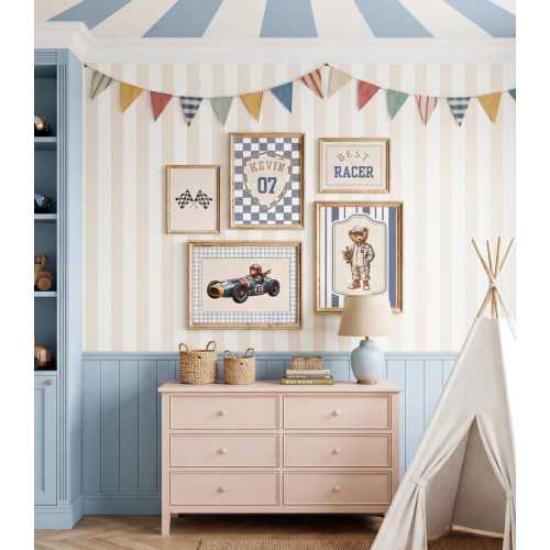 Personalized Vintage Race Car Nursery Art, Preppy Boy Room Decor Set (5 Prints)