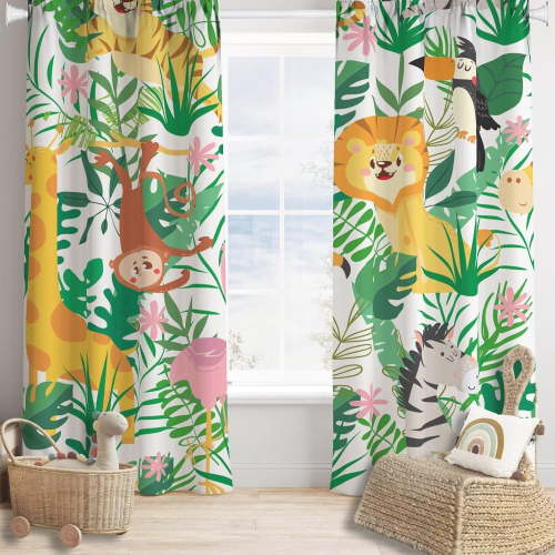 Jungle Animals Curtains Cartoon Cute Lion Giraffe Monkey Zebra Woodland Art Printed for Children Girls Boys Bedroom Nursery Rod Pocket Decoration Window Drapes 2 Panels W42xL54in