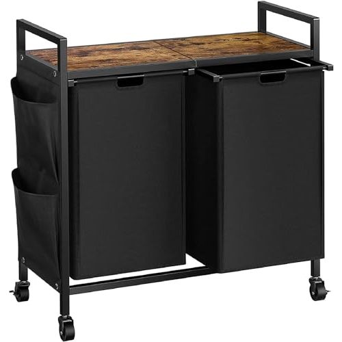 WOWLIVE Double Laundry Hamper with Wheels, Rolling Laundry Basket Organizer | Laundry Hamper 2 section with Lid, Iron-Made Laundry Sorter with Shelf, Removable Bags, Large Clothes Storage, Black