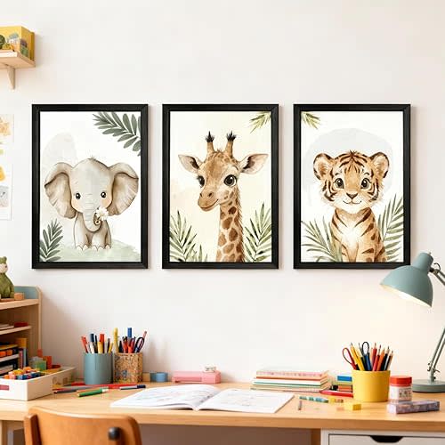 3 Set Safari Nursery Wall Decor, 11x16 Inch Framed Cute Giraffe Elephant Tiger Print Sign, Jungle Theme Cartoon Animal Wall Art for Baby Girl Boy Room Decoration, Black