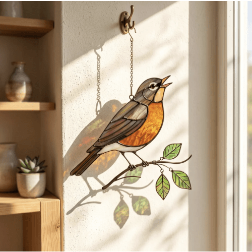 Singing Robin Stained Glass Suncatcher, Inspirational Gift for Women, New Beginnings Decor, Encouragement Window Hanging Bird Art