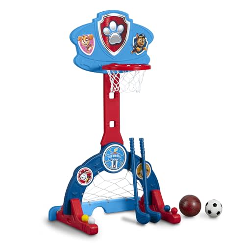 Delta Children PAW Patrol 4-in-1 Sports Center – Adjustable Easy Score Basketball Hoop, Soccer/Hockey Net and Golf Game, Blue