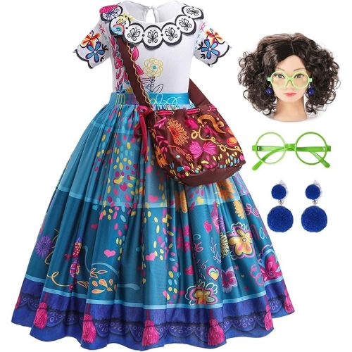 ATIMIGO Mirabel Isabella Dress Halloween Costume Cosplay Outfit for Kids Girls with Wig Glasses Bag Accessories