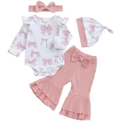 Coming Home Outfit Girl Preemie Baby Clothing Bow Romper Flared Pants Hat Sets Newborn Infant Clothes