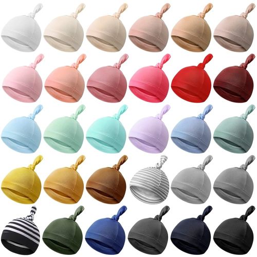 Bonuci 30 Pack Newborn Baby Hats Bulk Knot Beanie Hats Soft for Infant Baby Boys Girls Caps 0-6 Months, Multicolored