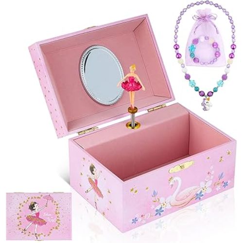 Girls' Musical Jewelry Box Organizer with Jewelry Set - glittering pink Spinning Ballerina Theme, Swan Lake Tune - Jewelry Storage and Music Box for Girls