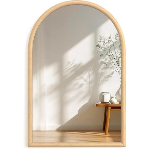 20"x30" Arch Wall Mirror for Wall, Wall Mounted Vanity Mirror for Bedroom, Wood Grain Finish Frame Mirror with Tempered Glass, Vintage Decorative for Bathroom, Entryway, Living Room, Natural
