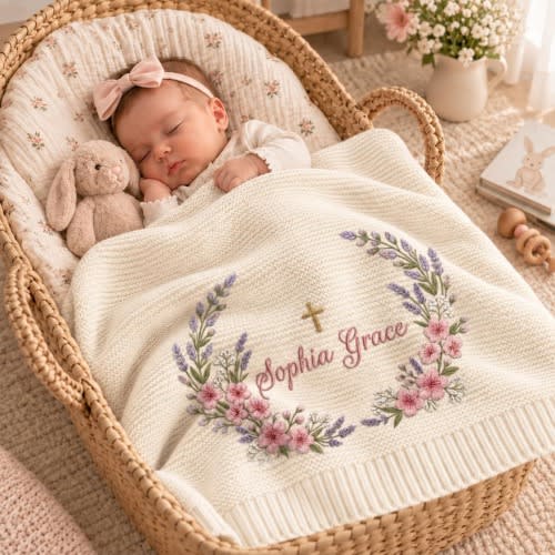 Personalized Child Of God Name Floral Embroidered Baby Blanket, Baptism Gift For Girls, Nursery Keepsake,Christian Baby Shower Blessing Gift
