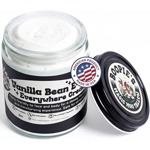 Magic Moo Tallow Vanilla Bean E-Moo Moisturizing Everywhere Cream with Organic Emu Oil. For acne, stretch marks, eczema, hyrdation, dry skin & more.
