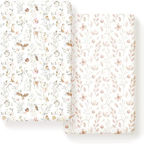 GRSSDER Jersey Knit Fitted Crib Sheets Set 2 Pack Fit All Standard Crib Mattress Beautiful Blush Pink Floral Cute Animals Print
