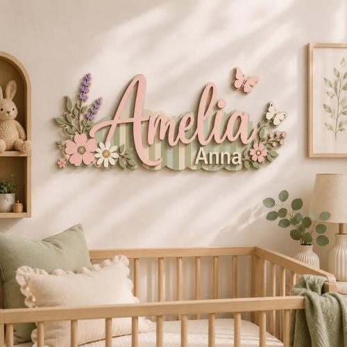 Custom Wooden Name Sign for Girl Nursery Wall Decor, 3D Floral Baby Name Sign Personalized, Whimsical Lavender Butterfly Sign, Wood Cutout