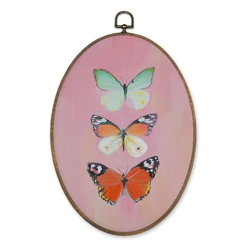 LKETW Butterfly Oval Wall Art Decor, Colorful Butterfly Oval Canvas Hanging Decor, Nature Insert Pink Wall Decorations for Girly Room Bedroom Home Living Room Office, 8.6x11.4 Inch
