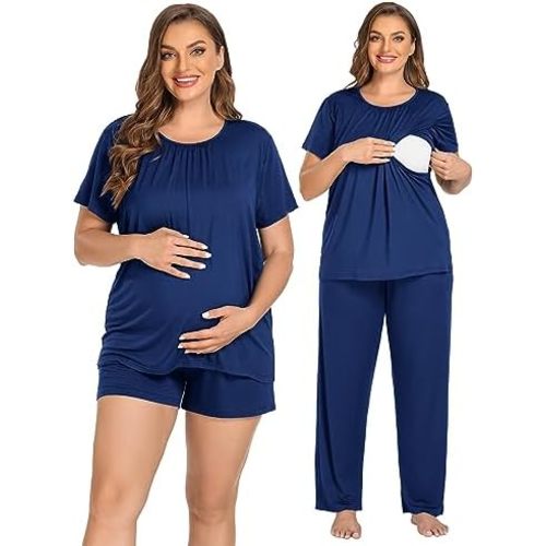 SWOMOG Women 3Pcs Maternity Pajama Set Nursing Pjs Pregnancy Set Breastfeeding Pjs Double Layer with Pockets