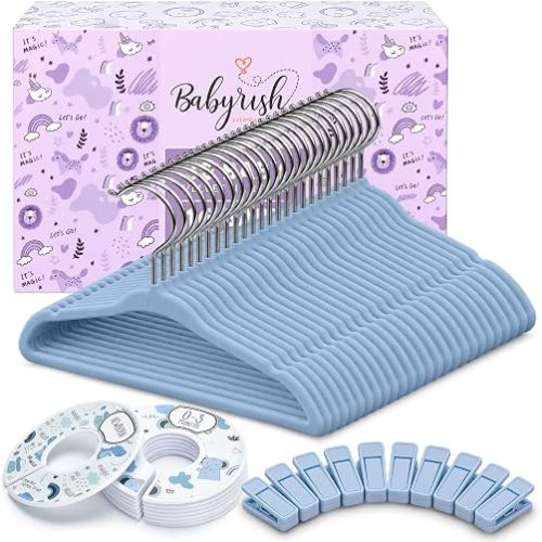 Velvet Baby Hangers with 10x Clips and 8X Dividers (30 Pack) | 11” Ultra-Slim Baby Clothes Hangers | Non-Slip Felt | Space-Saving Nursery & Infant Closet Organizer | Gray
