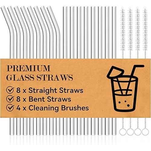 Foogwee® 20 Packs Reusable Glass Straws Set, 8.5'' x 10mm Clear Drinking Straws for Smoothies, Shakes, Coffee, Juice, Sodas, Milk, Tea, Cocktails, Set of 8 Straight and 8 Bent with 4 Cleaning Brushes