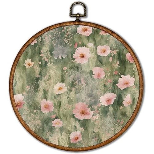 KSDUT Spring Pink Flower Wall Decor Art - Floral Botanical Wall Art Canvas Frame Hanging Prints, Preppy Trendy Wildflower Round Wall Art Decor for Farmhouse Gallery Home Decorations 10"x10"