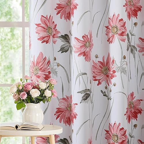 100% Blackout Floral Curtains 63 inch Length for Bedroom Living Room-Vintage Pink Flower Pattern Curtains 2 Panels Set Light Blocking Thermal Insulated Grommet Window Treatments Drapes