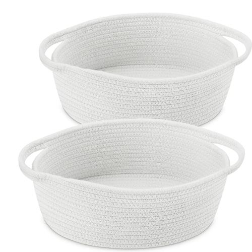 【2 Pack 】ABenkle Small Woven Basket, 12"x 8" x 5" Cute Small Basket, Rope Room Shelf Storage Basket, Cat Dog Toys Basket Chest Box, Empty Decorative Gift Basket with Handles