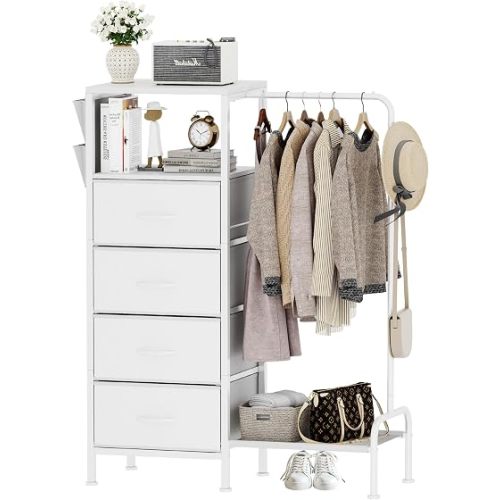 Homeiju Dresser with Hanging Rack, Reversible Dresser for Bedroom with 4 Drawers & Coat Rack & Side Pockets, Chest of Drawers with Clothes Rack, Kids Dressers for Bedroom, White