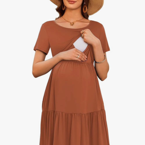 Ekouaer Nursing Dress Summer Short Sleeve Breastfeeding Casual Knee Length Maternity Dresses S-XXL