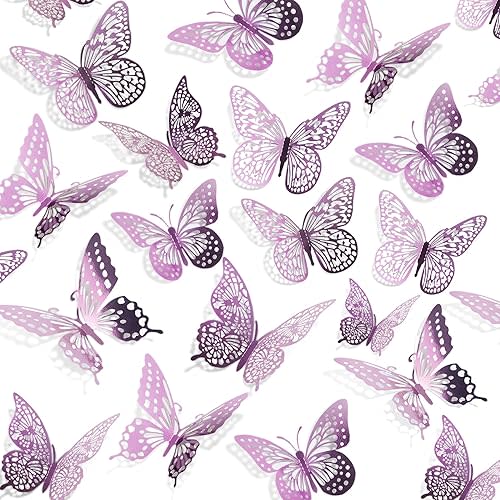 SAOROPEB 3D Butterfly Wall Decor - 48 Pcs, 4 Styles, 3 Sizes, Removable Stickers for Birthday & Party Decorations (Lavender)