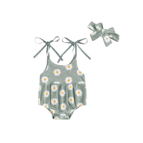Suealasg 0-18 Months Newborn Girl Romper Sleeveless Flower Print Tie-up Bodysuit +Hairband 2Pcs Newborn Infant Girls Summer One Piece Clothes