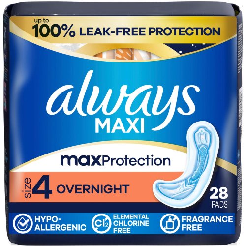 Always Maxi Pads without Wings, Size 4, Overnight, 28 CT